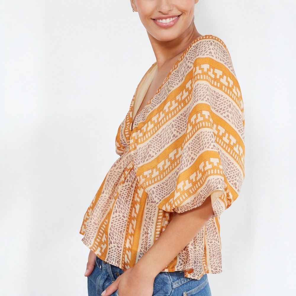 Mes Demoiselles Silk Top Sultane Safari Women 38/M Peplum Deep V Front & Back
